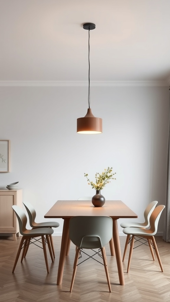 A simple pendant light hanging over a wooden dining table with four chairs in a Scandinavian-style dining room.