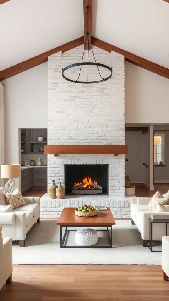 Open concept living room featuring a white brick fireplace with a wooden mantel, surrounded by cozy seating.