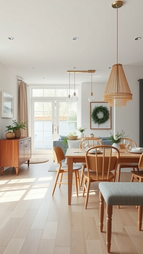 A bright open concept dining area featuring a wooden table, stylish chairs, and a cozy sofa, with natural light streaming in.