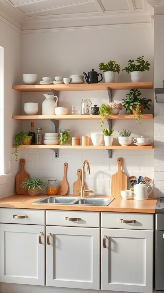 A Scandinavian kitchen with open wooden shelves displaying dishes and plants, featuring a wooden countertop and a sink.