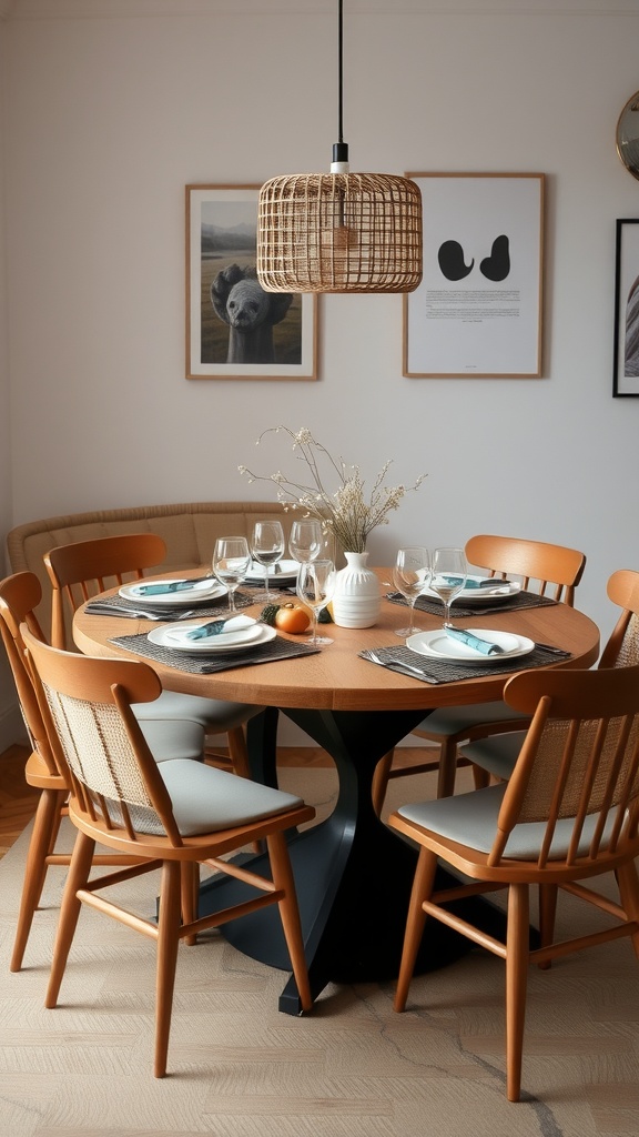 Cozy Scandinavian dining room with a round wooden table, stylish chairs, and warm lighting.