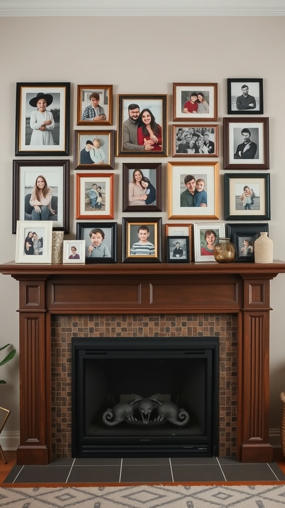 A collection of family photos in various frames arranged above a fireplace.