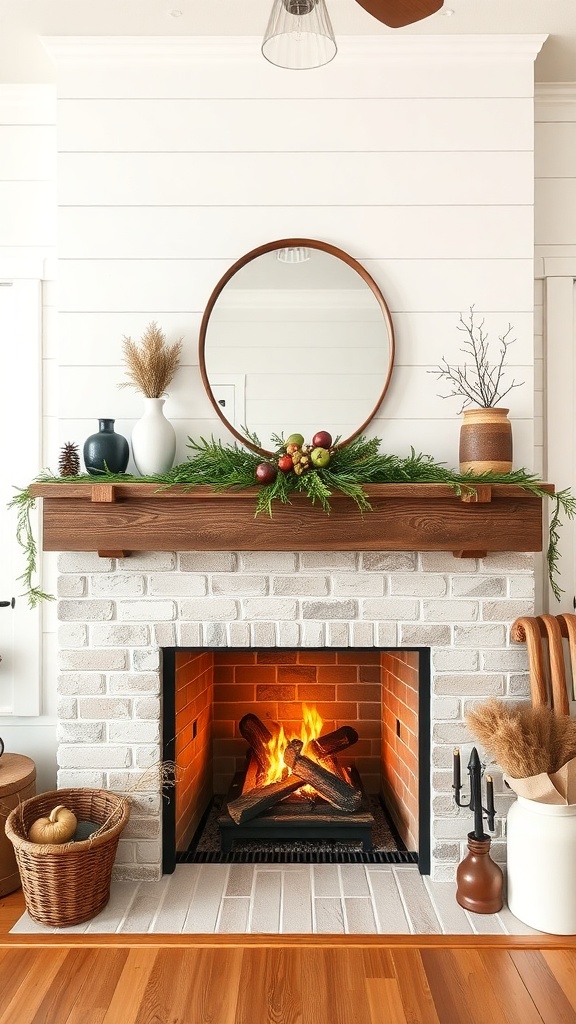 A cozy farmhouse fireplace with a reclaimed wood mantel, decorated with greenery and a round mirror.