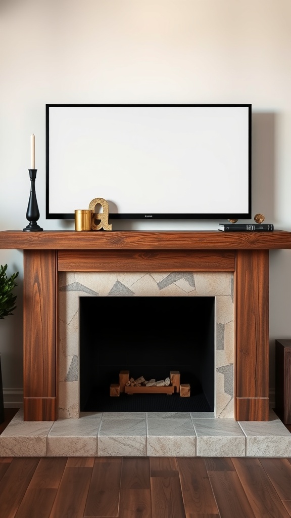 A rustic wooden mantel with a sleek TV above, featuring stone accents and minimal decor.