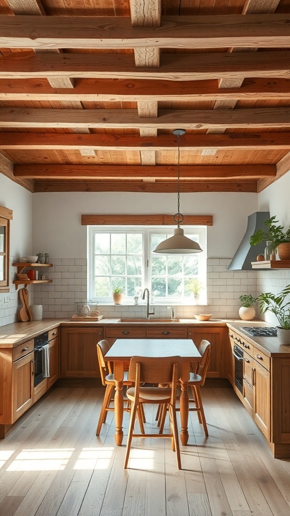 A Scandinavian kitchen featuring rustic wooden beams and ceiling details, with wooden cabinetry and a bright atmosphere.