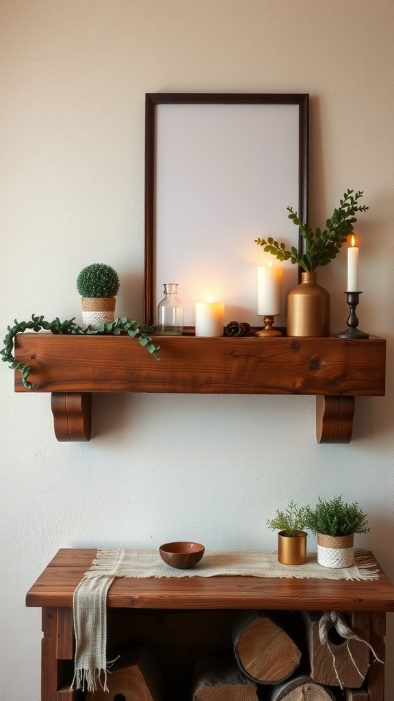 Rustic wooden mantel display with candles, plants, and a picture frame