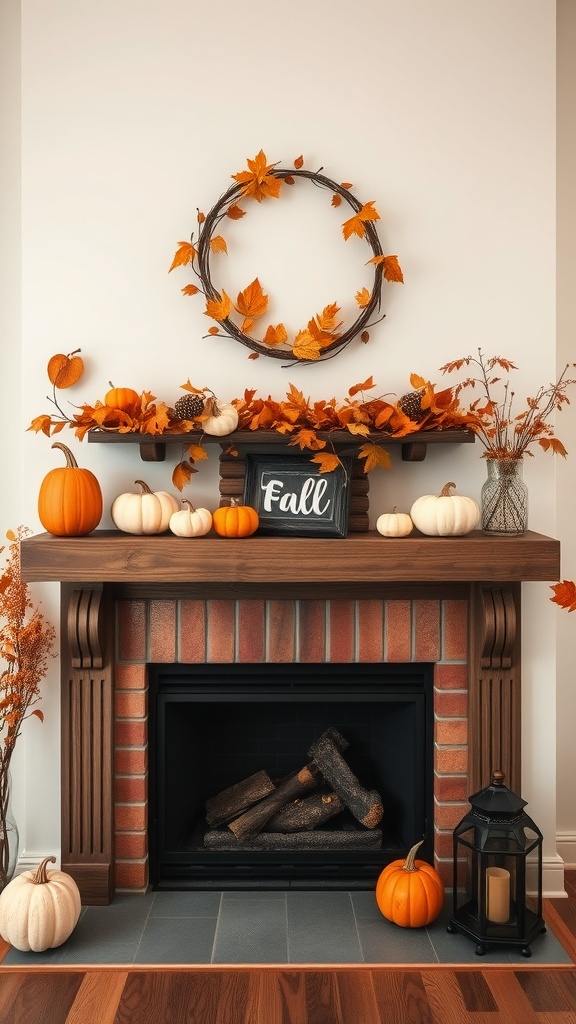 A fall-themed fireplace with pumpkins, autumn leaves, and a sign that says 'Fall.'