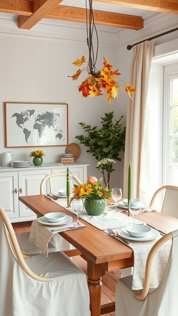 A Scandinavian dining room with autumn decor, featuring a wooden table, floral centerpiece, and hanging leaves.