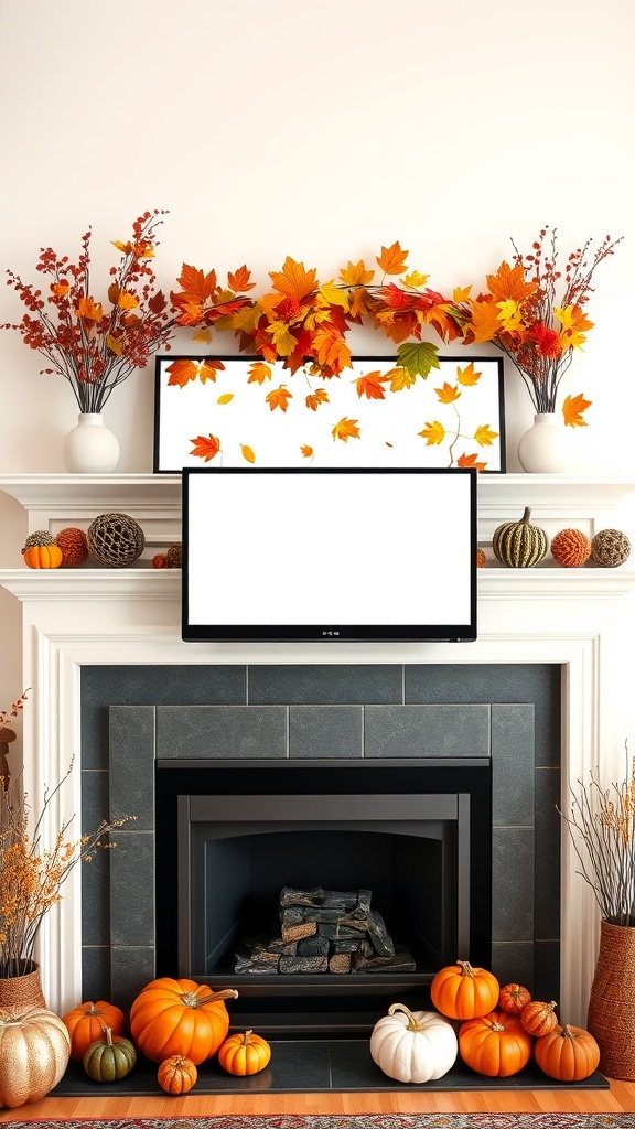 Autumn-themed mantle decor featuring pumpkins and colorful leaves