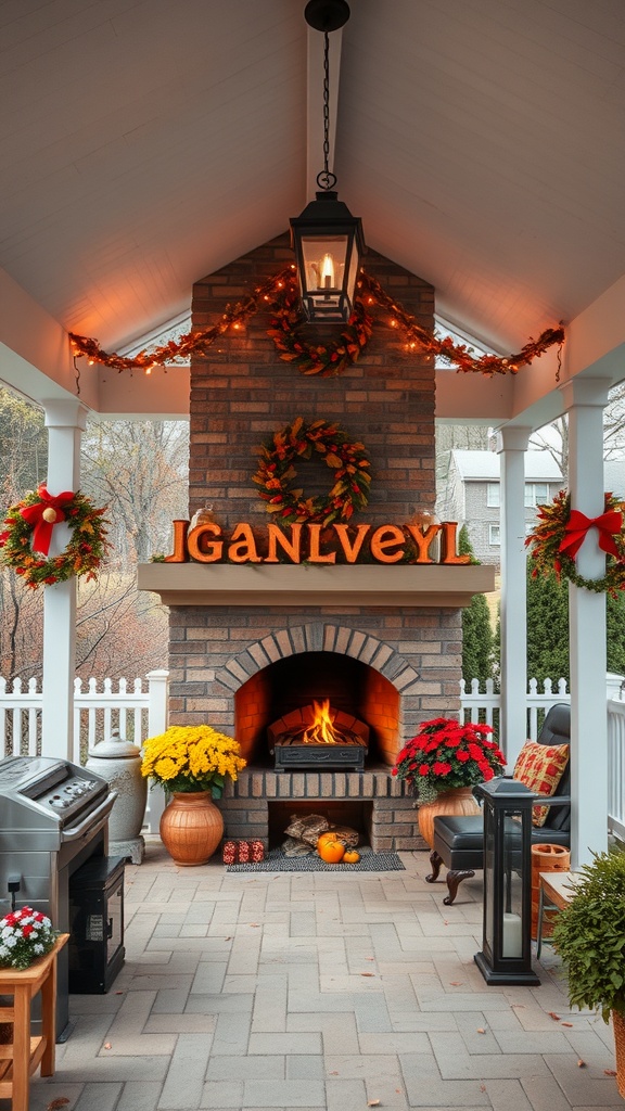 A beautifully decorated outdoor covered patio with a fireplace, featuring seasonal decor like wreaths, colorful flowers, and cozy seating.