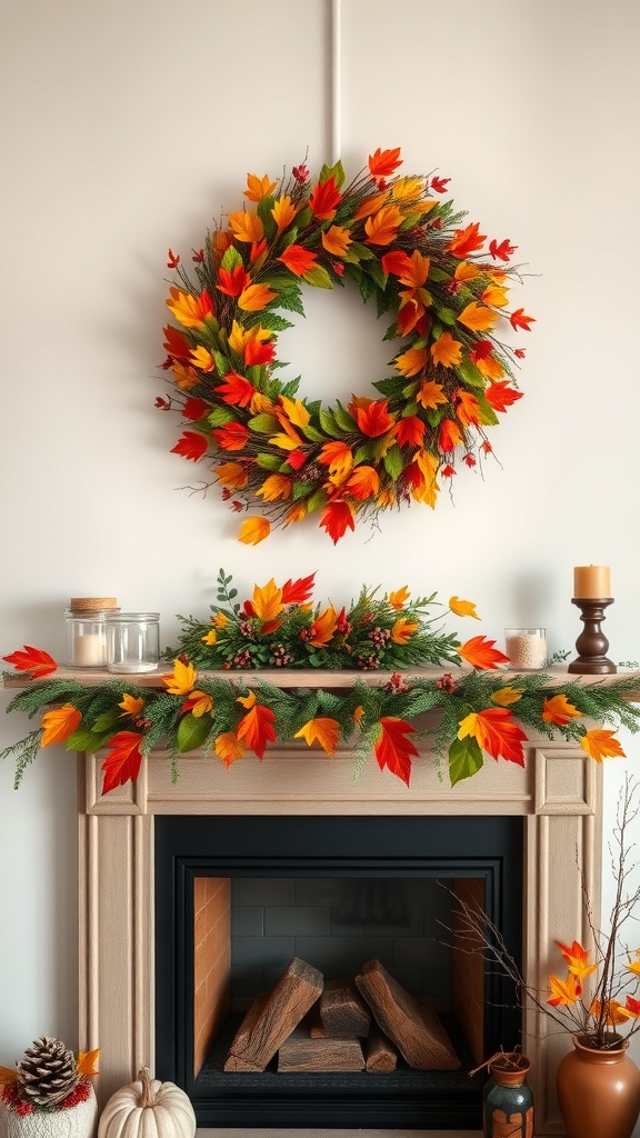 A colorful autumn wreath made of leaves hanging above a fireplace, with a matching garland on the mantel.