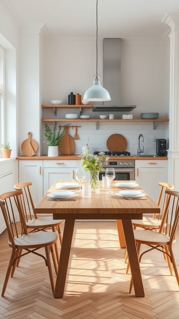 A cozy kitchen with a wooden table set for dining, featuring white plates, glassware, and a vase of greenery.