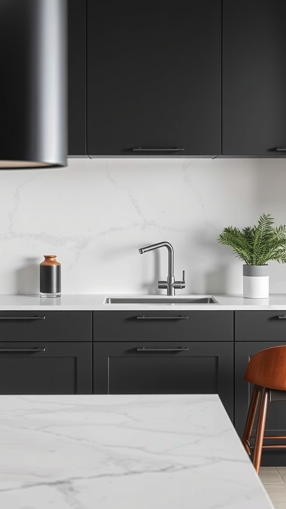 A modern Scandinavian kitchen featuring sleek white natural stone countertops and dark cabinetry.