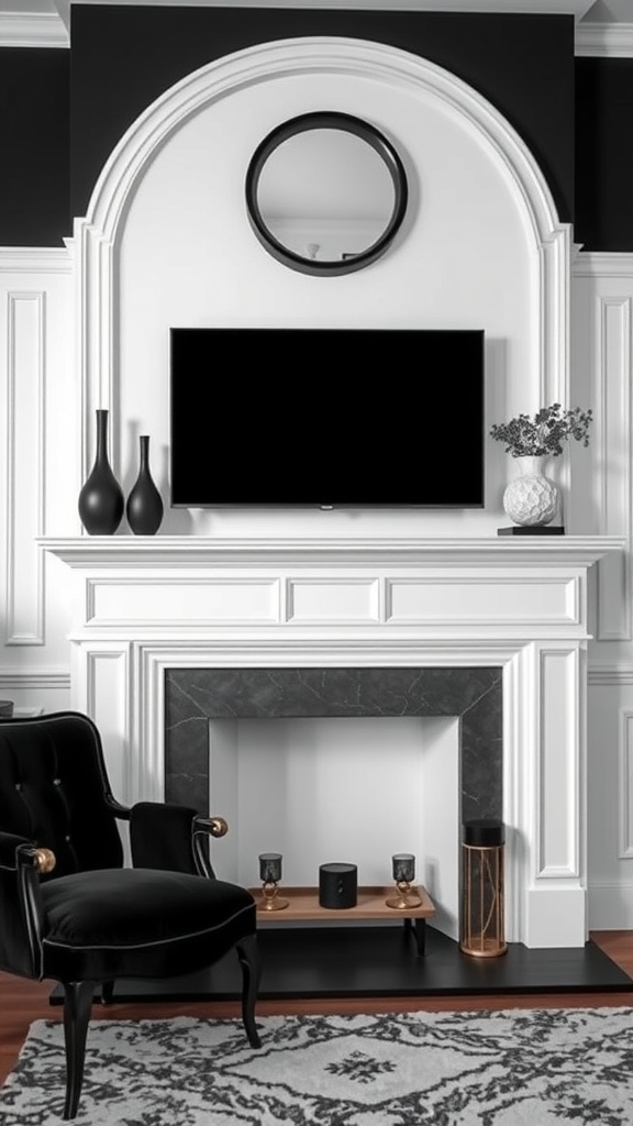A sophisticated black and white mantle with a TV, round mirror, black vases, and a plush chair.