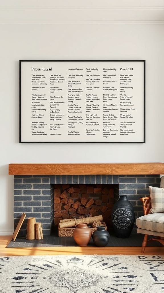 A modern fireplace with a large framed wall art piece featuring a list of names, surrounded by decorative vases and wooden accents.