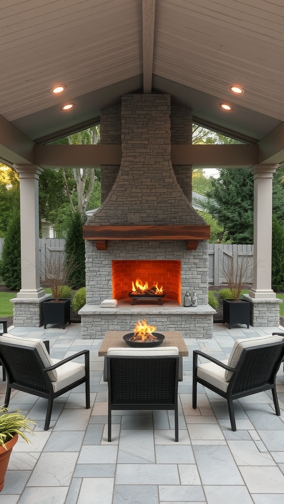 Stylish outdoor covered patio with a stone fireplace and seating area.