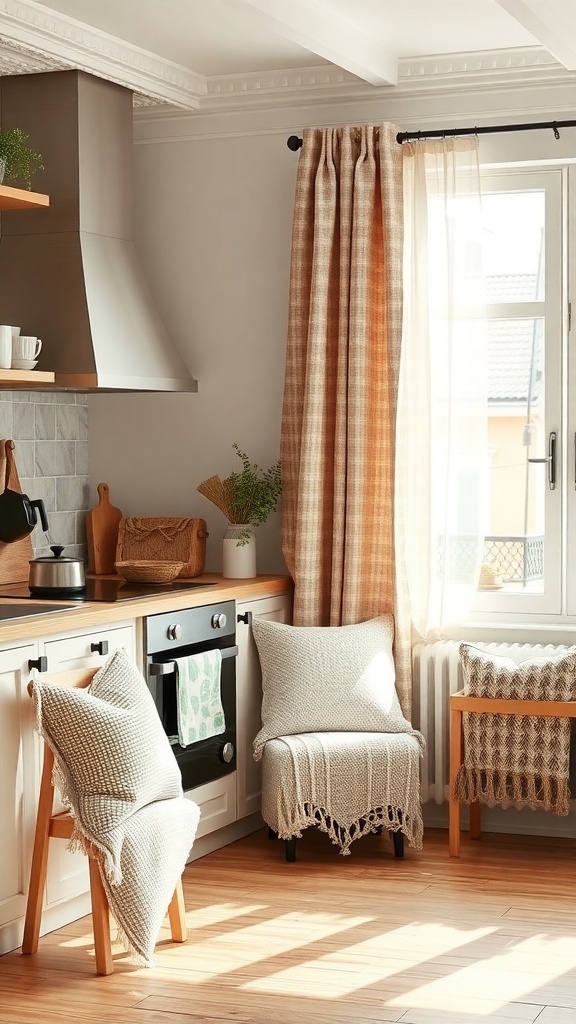 A cozy Scandinavian kitchen featuring textured fabrics, soft cushions, and natural light.