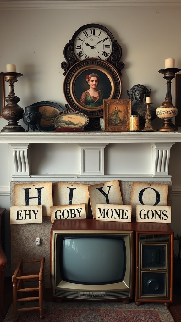 A vintage mantle decorated with antiques, including a clock, portraits, and a retro television.