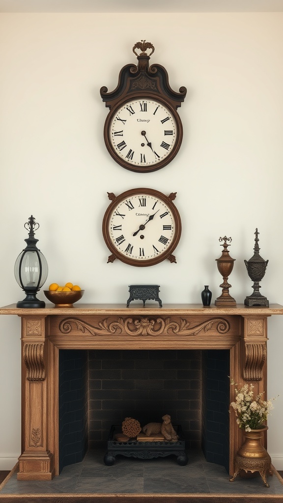 A vintage clock centerpiece above a fireplace with two clocks and decorative items.