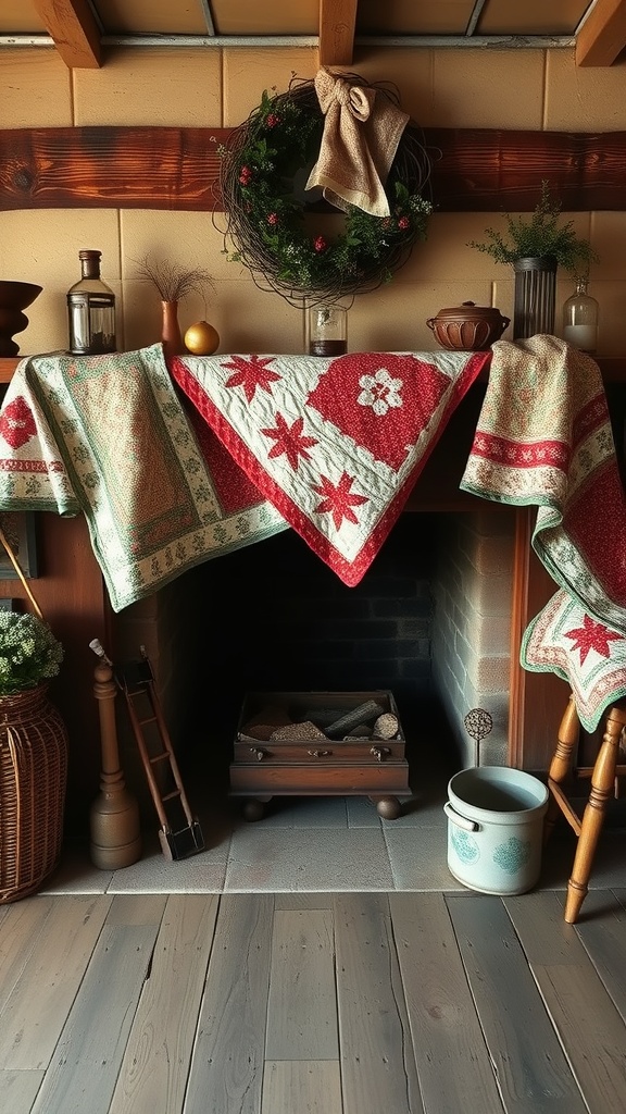 A cozy farmhouse fireplace decorated with vintage quilts, a wreath, and rustic elements.