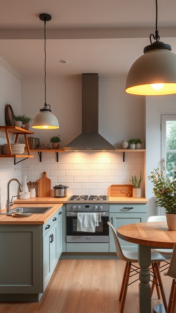 A Scandinavian kitchen featuring warm pendant lighting, light wood cabinetry, and a cozy atmosphere.