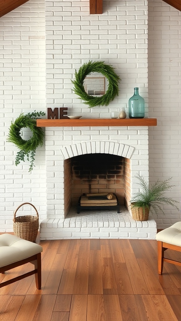 A cozy farmhouse fireplace with whitewashed brick, wooden mantel, and decorative greenery.
