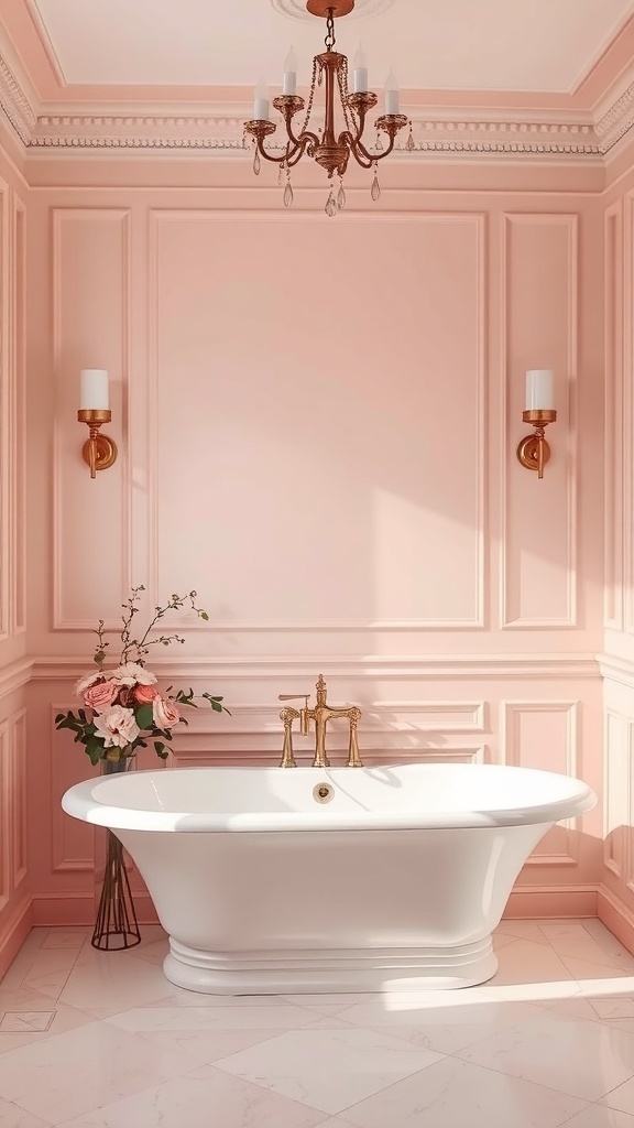 A master bath featuring soft blush pink walls, a white freestanding tub, and elegant gold fixtures.