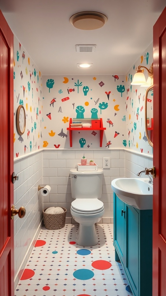 A colorful and whimsical basement bathroom featuring playful wallpaper, a teal vanity, and a bright red door.