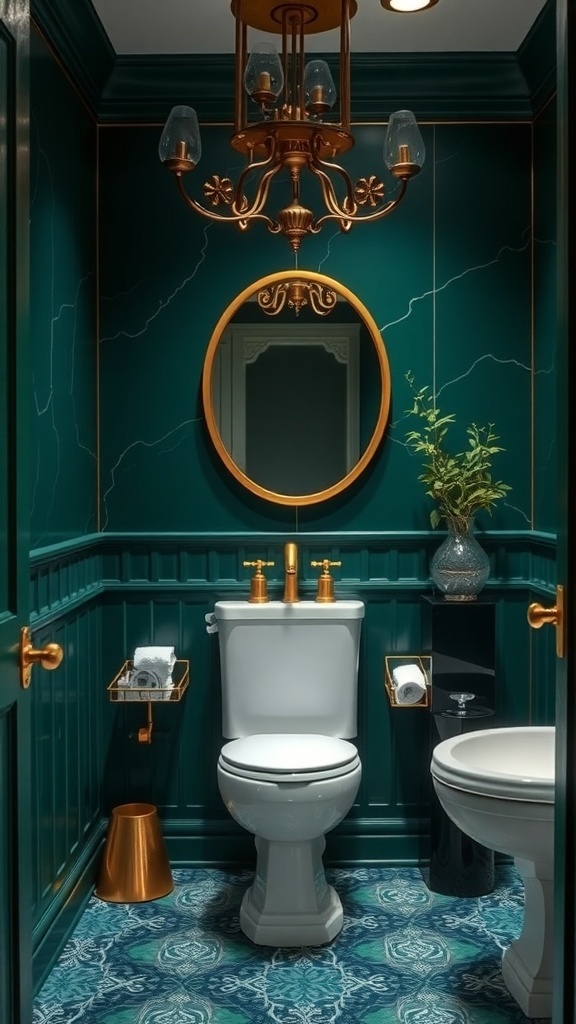 Small bathroom with emerald green walls, gold accents, and patterned floor tiles.