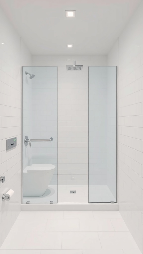 A modern minimalist basement bathroom featuring white tiles, a glass shower enclosure, and sleek fixtures.