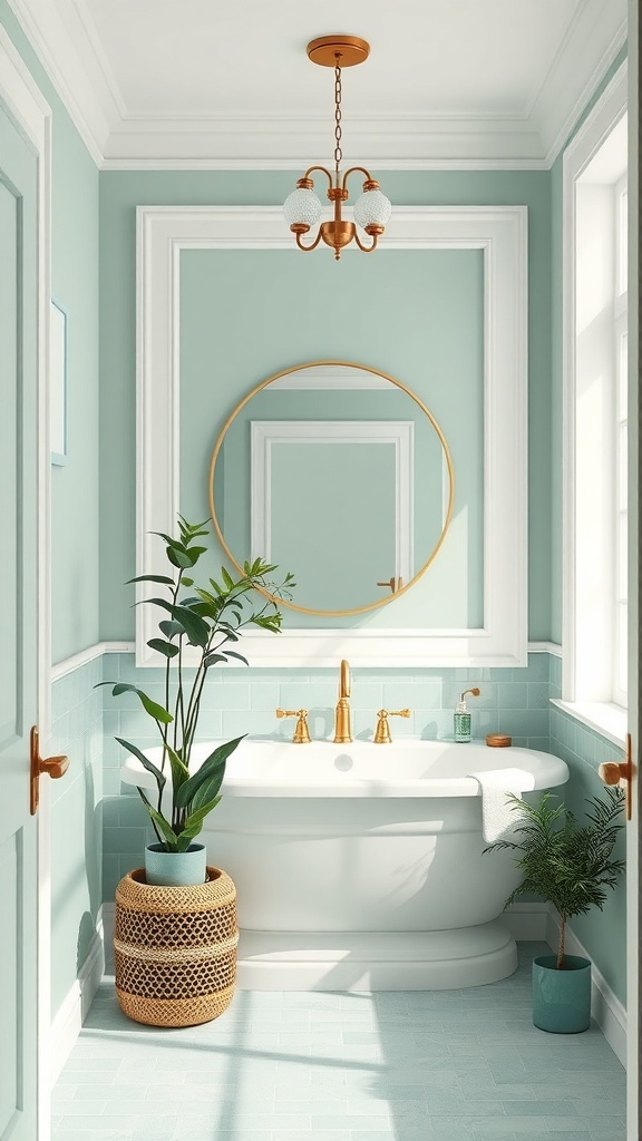 A stylish bathroom featuring mint green walls, gold fixtures, and plants in woven baskets.