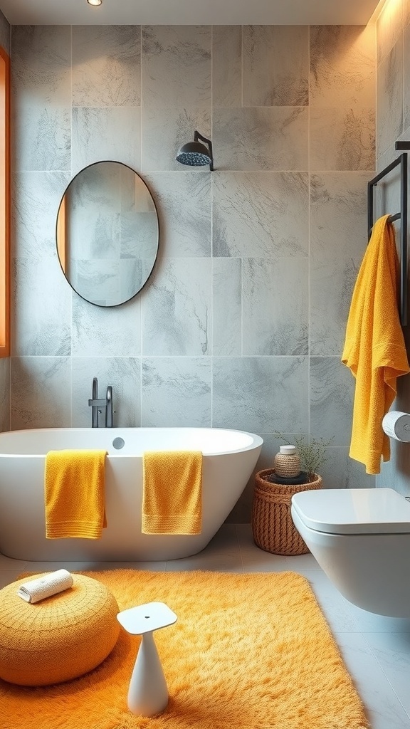 Bright bathroom with yellow towels and rugs, featuring a fluffy rug and neatly stacked towels.