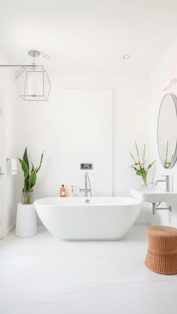 A bright white master bath featuring a modern bathtub, plants, and minimalist decor.