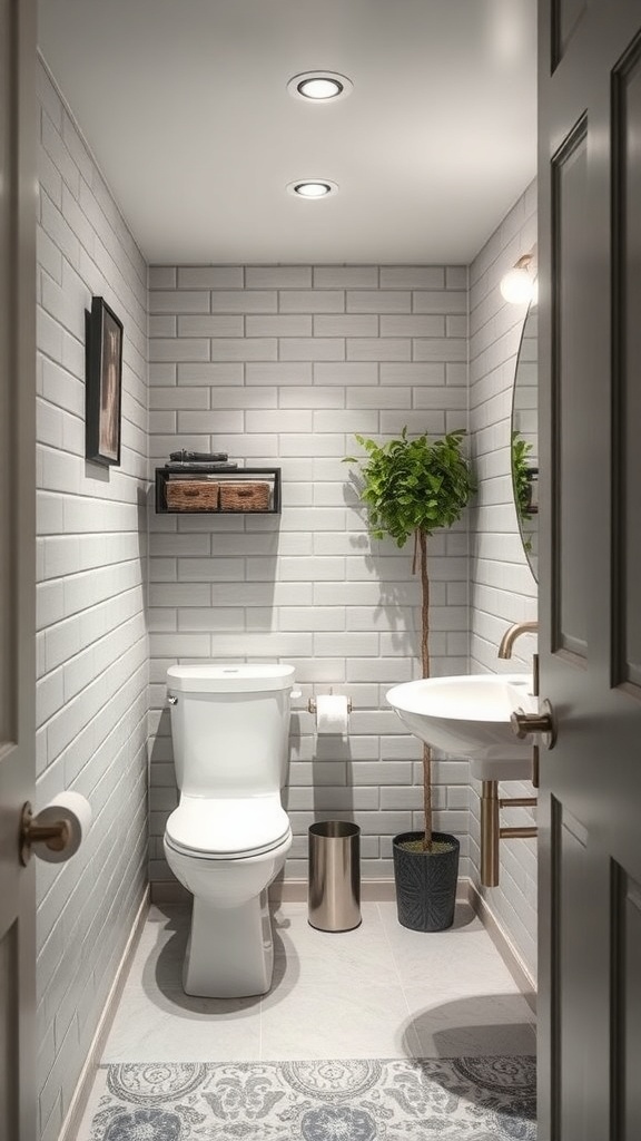 A compact basement bathroom featuring a modern design with light tiles, a round mirror, and a small plant.