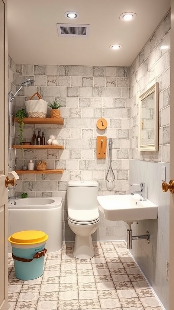 A family-friendly basement bathroom featuring a modern toilet, sink, and shower, with open shelves for storage.