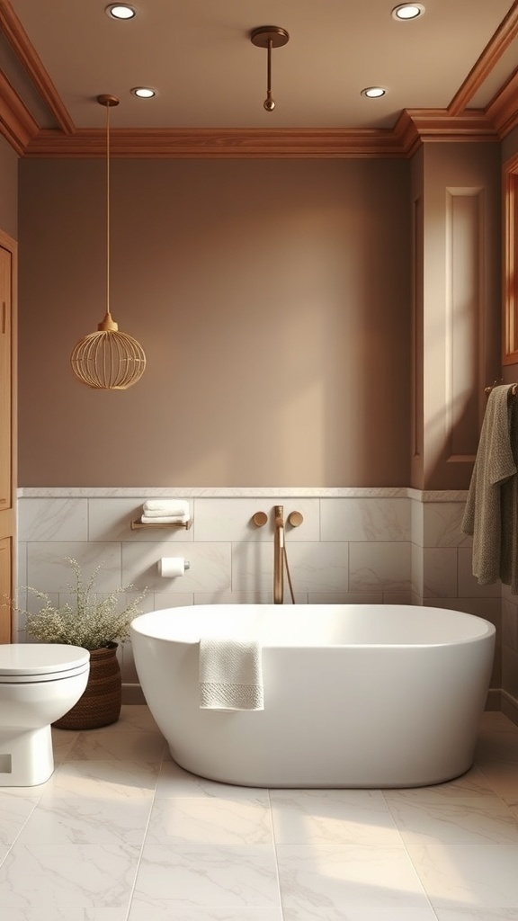 A master bathroom featuring warm taupe walls, a freestanding tub, and wooden accents.