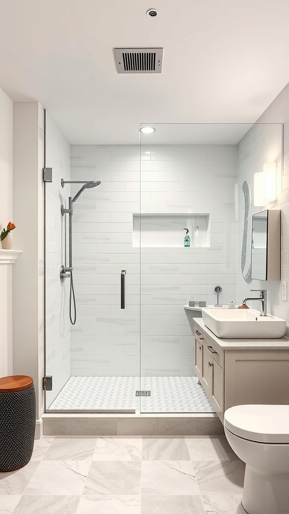 Modern basement bathroom featuring a sleek walk-in shower with glass enclosure, white tiles, and minimalist design.