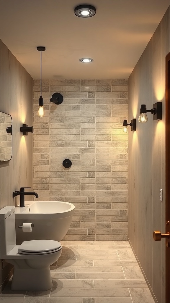 A modern basement bathroom featuring creative lighting solutions with pendant and recessed lights.