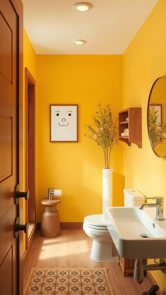 A bright yellow bathroom featuring natural wood elements, a round mirror, and a tall vase with flowers.