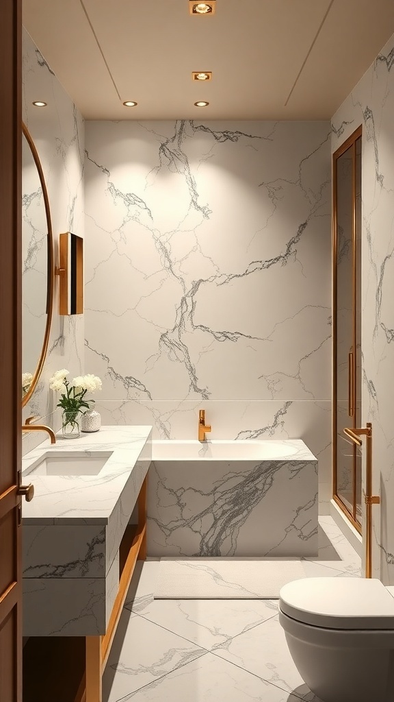 Luxurious basement bathroom with marble finishes and wooden accents