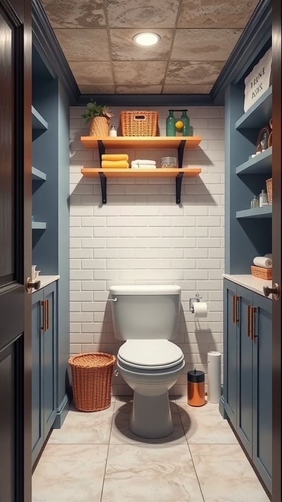 A small basement bathroom with functional storage solutions, featuring open shelves and cabinets.