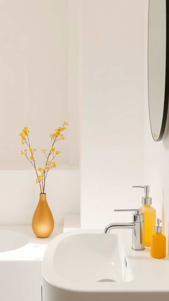 A minimalist bathroom featuring yellow accents, including a vase with flowers and soap dispensers, set against a white backdrop.