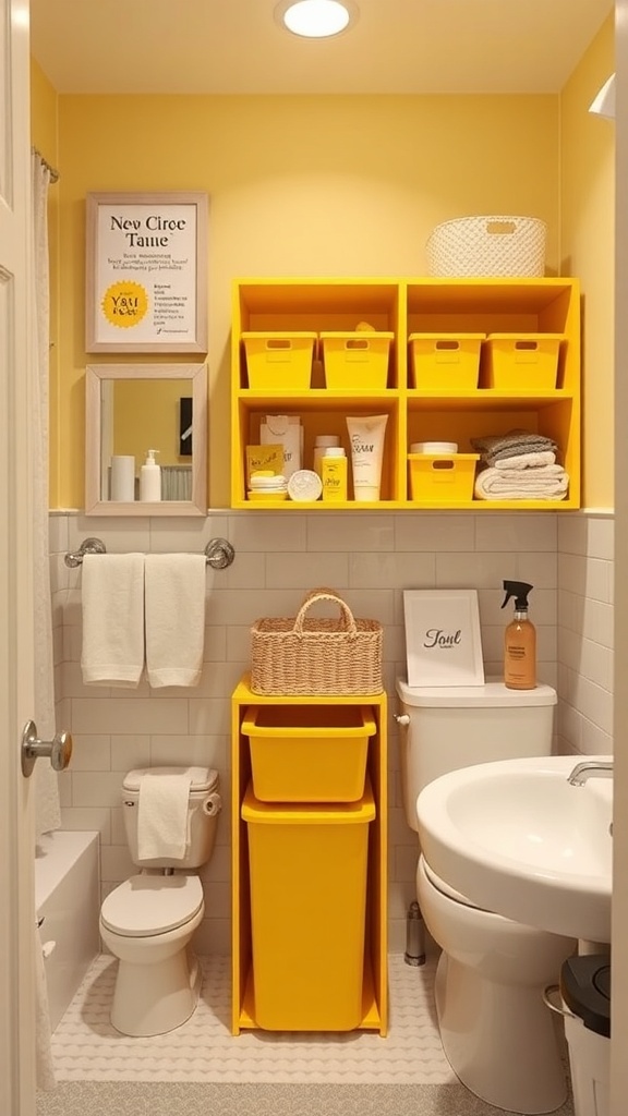 A bright yellow bathroom with creative storage solutions including yellow bins and a slim storage tower.