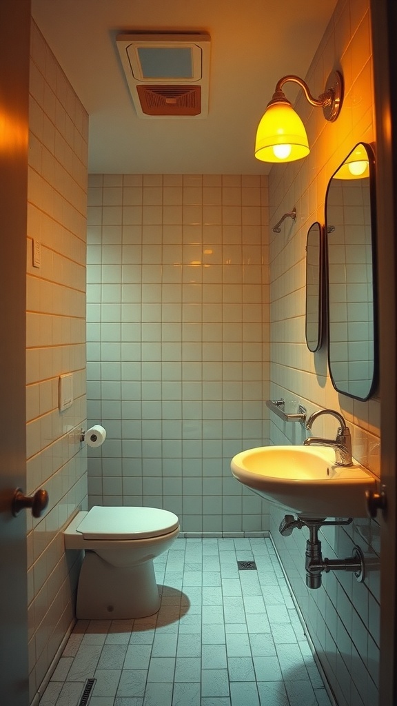 A bathroom with yellow lighting fixtures creating a warm glow.