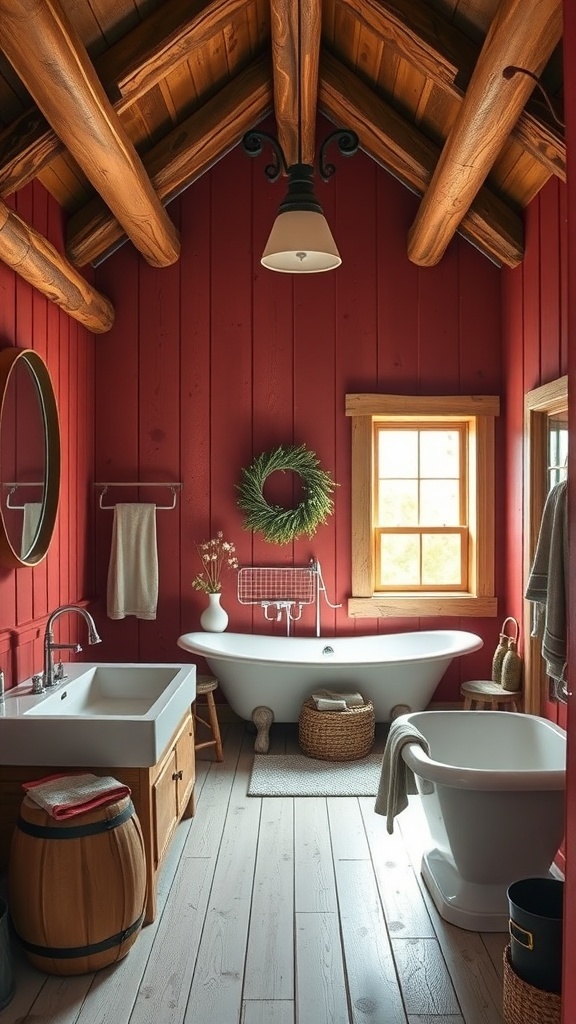 A rustic bathroom featuring barn red walls, wooden beams, and a cozy atmosphere.