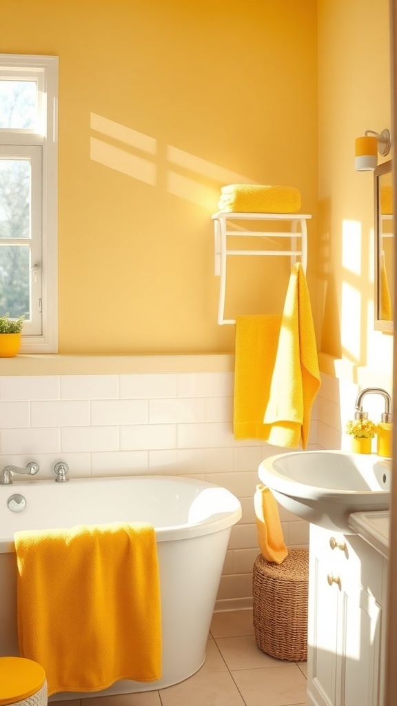 A bright yellow bathroom with yellow towels and accessories, creating a cheerful vibe.