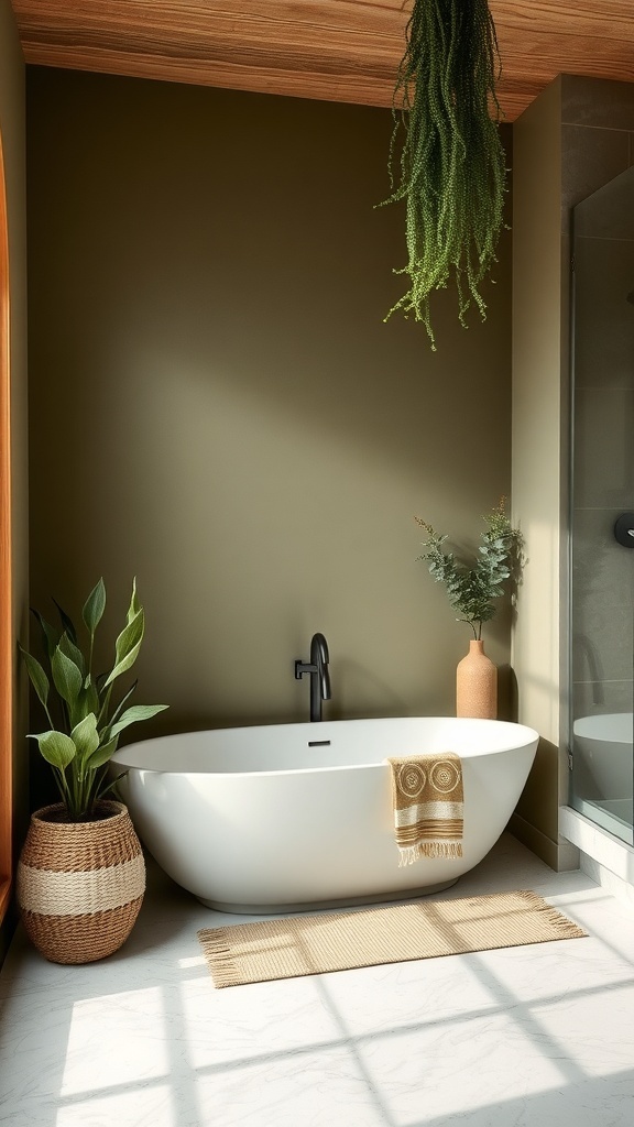 A modern master bath with earthy olive green walls, a white bathtub, and plants for decoration.