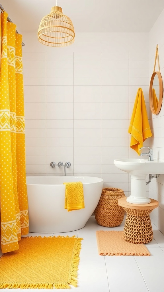 A bright yellow bathroom featuring patterned shower curtain, towels, and rugs, complemented by natural woven accessories.