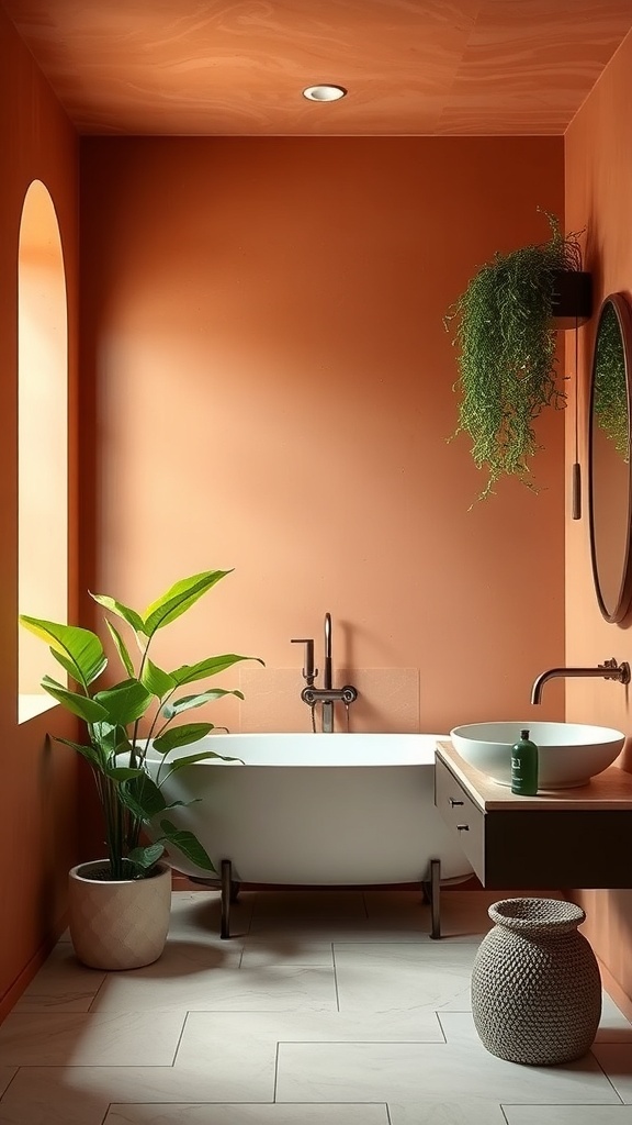 A chic bathroom featuring terracotta walls, a white bathtub, a modern sink, and a large potted plant.