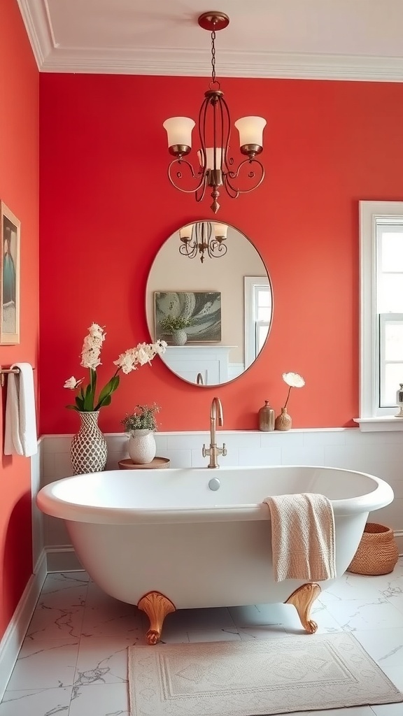A master bath featuring a vibrant coral accent wall, a white freestanding tub, and decorative plants.